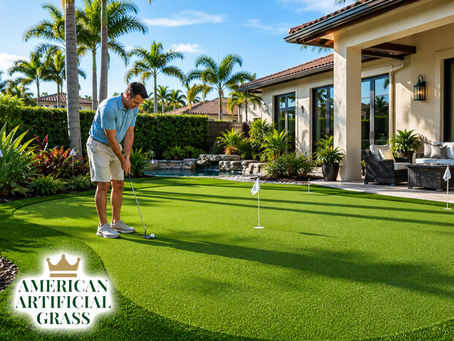 Custom backyard putting green with realistic artificial turf, golfer practicing putts, luxury Boca Raton home setting, bright sunny day
