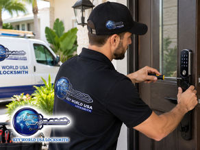 Locksmith installing modern door lock system on residential entry door, professional installation tools visible, clean home exterior setting