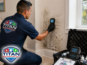 Mold inspection technician using moisture meter on interior wall, professional inspection equipment visible, clean residential environment