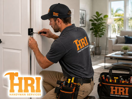 Professional repair services handyman adjusting residential door hinges and hardware, tools visible, modern home interior setting