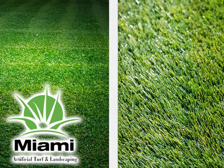 side by side photo comparison between artificial turf and natural grass