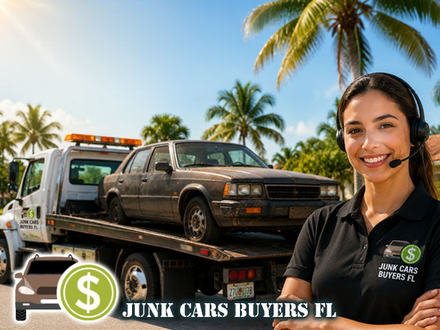 an old junk car and tow truck under Florida sunlight, with palm trees and a helpful customer service agent