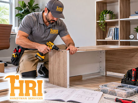 Professional handyman assembly of modern flat-pack furniture in bright residential room, partially assembled desk and bookcase with neatly organized hardware, instruction manual and professional tools