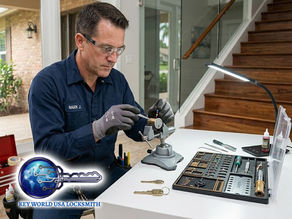 Professional locksmith rekeying residential door lock, key pins and locksmith tools visible on workbench, modern home entryway, clean and secure environment