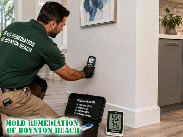technician measuring indoor humidity and inspecting moisture prone areas inside modern Florida home, professional equipment visible