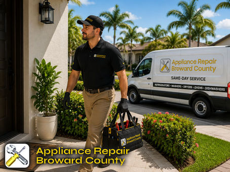 Technician arriving at a home with tools in hand and a service van parked outside, ready for same-day appliance repair