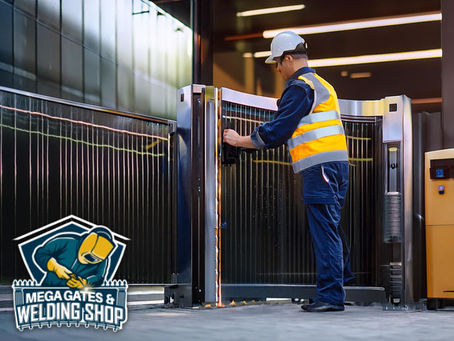 technician professional working performing installation of automated gate at office building