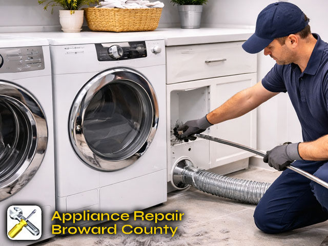 Technician using a long rotary brush to clean a dryer vent line, with minimal lint debris visible on the floor in a laundry room