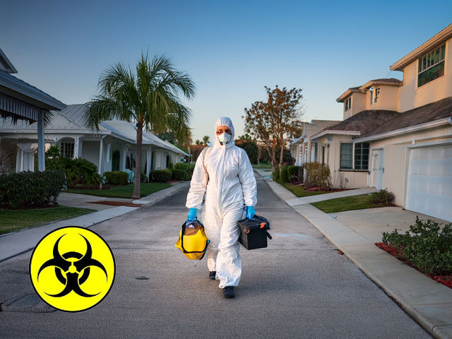 trauma cleanup technician arriving at a quiet Deerfield Beach home in the early morning, wearing full PPE and carrying containment gear