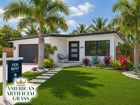 A Port Saint Lucie rental property featuring a clean artificial grass yard, tropical plants, and modern exterior styling