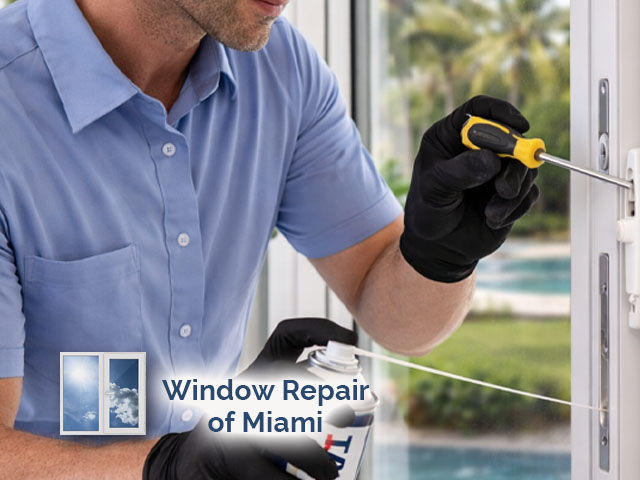 technician performing a full window tune-up, adjusting lock, lubricating tracks, and tightening hardware
