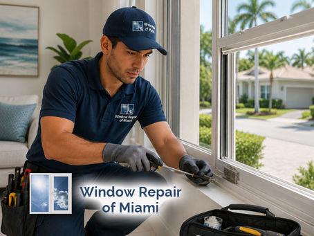 Technician making repairs to residential window hardware and frame components inside modern Miami home, natural daylight, professional tools visible