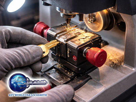 A close-up of a professional key-cutting machine creating a precise duplication key with a technician carefully aligning the blank