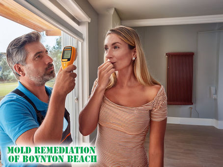 homeowner smelling musty odor air inside a Boynton Beach Florida home, concerned expression, with a professional technician inspecting with moisture meter