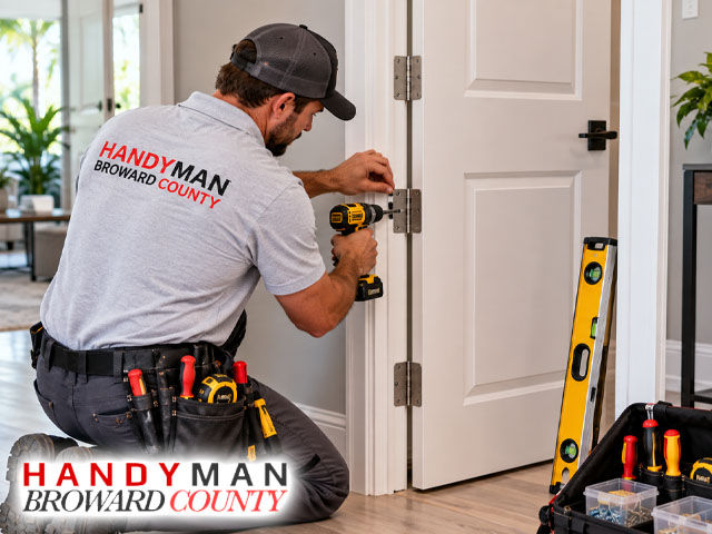 Professional repairs handyman adjusting interior residential door that is sticking, tightening hinges and checking alignment with level, door hardware and organized tools visible