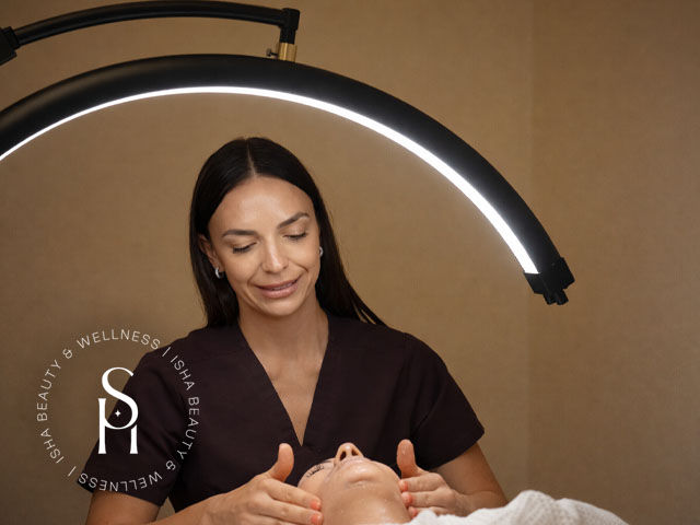 Client receiving a luxury spa sculpting facial massage with a glowing spa atmosphere and soft lighting