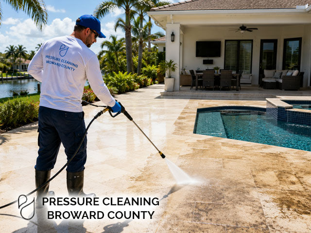 Professional pressure cleaning of pool deck and patio area, sparkling outdoor entertainment space, tropical South Florida home, sunny day