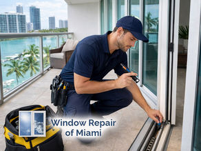 technician inspecting sliding glass door track and rollers in a condo balcony in Miami for professional repair