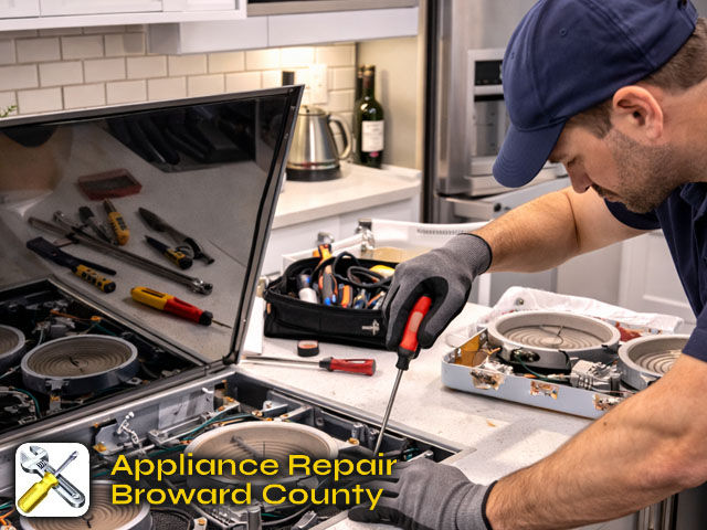 Technician repairing a glass-top electric cooktop, with tools and replacement parts visible in a modern Broward County kitchen