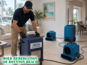 technician operating HEPA air scrubber and drying equipment for mold and water damage cleanup inside Boynton Beach home