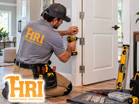 Professional repair handyman adjusting sticking interior door, tightening hinges and checking alignment with level, replacement hardware and organized hand tools visible