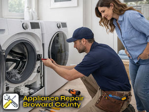 Technician working washer & dryer repair of a modern front-load washing machine with a homeowner nearby, laundry baskets and tools visible in the room