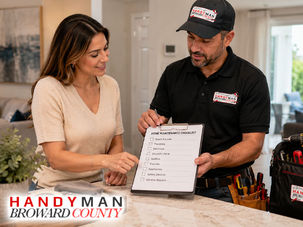 Professional handyman reviewing home maintenance checklist with homeowner, tools and repair supplies visible, modern Broward County residence