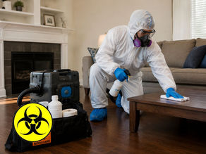 Trauma cleanup technician wearing protective equipment while sanitizing affected area inside residential property, professional biohazard remediation environment, discreet and respectful setting