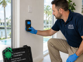Mold inspection technician using moisture meter on interior wall of Delray Beach home, professional inspection equipment visible, clean residential environment, bright South Florida setting