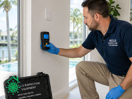 Mold inspection technician using moisture meter on interior wall of Delray Beach home, professional inspection equipment visible, clean residential environment, bright South Florida setting