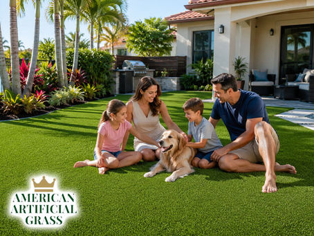 A clean Boca Raton backyard showing vibrant artificial grass synthetic turf, tropical plants, and a family enjoying the outdoor space