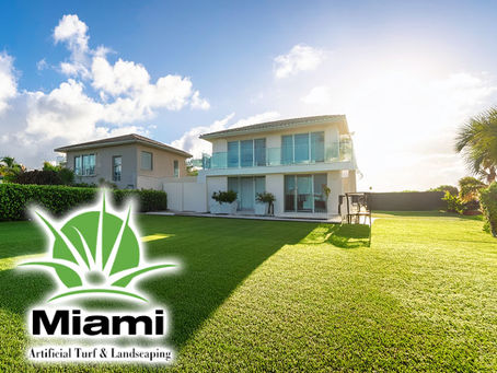 beautiful artificial turf lawn at residential home sunny day in miami florida
