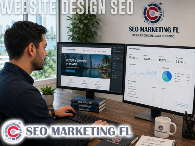 Website design and SEO specialist reviewing analytics and layouts on dual monitors in modern marketing agency office