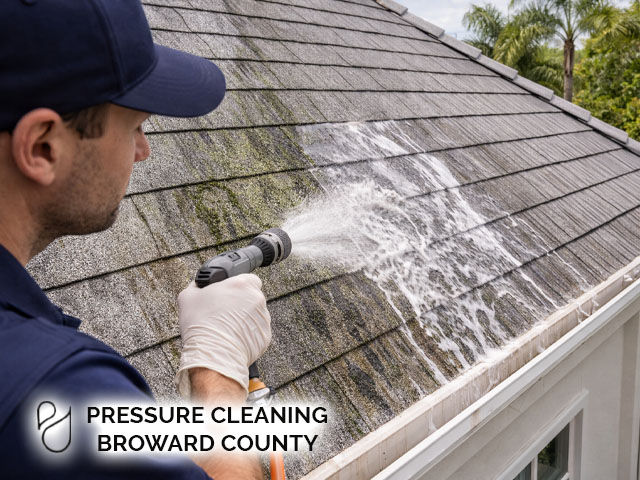 close-up of roof algae streaks with technician applying soft-wash treatment, Florida home exterior