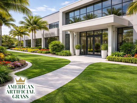 A modern commercial property in Port Saint Lucie with clean, manicured artificial synthetic turf along walkways and entrance areas
