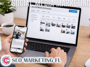 marketer scheduling social media marketing posts on laptop, smartphone showing Instagram feed