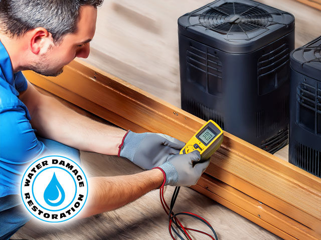 technician using a moisture meter on a wood baseboard, with air movers and dehumidifiers running in the background for mold prevention