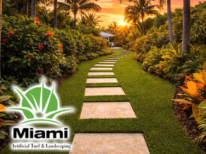Miami garden walkway with stepping stone pathway through artificial turf, tropical plants lining path, sunset lighting