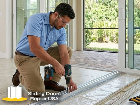 sliding door track replacement technician installing a new track on a patio door inside a modern home