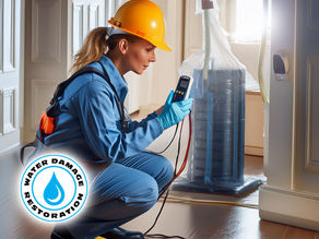 restoration technician assessing with a moisture meter, water extraction in progress, drying equipment running, sanitizing a room, and finally a freshly restored interior space