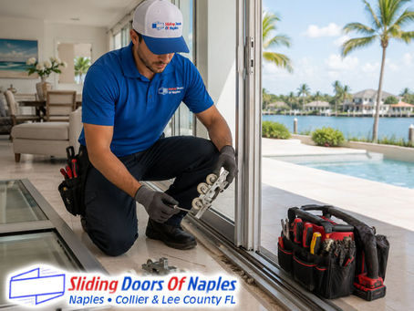 replacement Technician replacing sliding glass door roller in modern Naples home, door panel removed, professional repair tools visible, coastal Florida interior