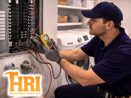 Technician inspecting an electrical panel while checking nearby plumbing connections in a laundry room