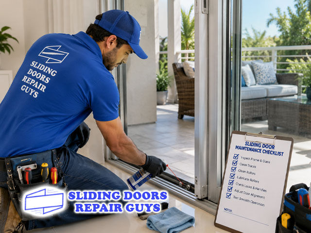 Technician lubricating sliding door rollers and cleaning track system, maintenance checklist visible, modern South Florida home interior, professional service setting