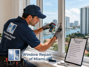 maintenance Technician performing complete window tune-up, adjusting locks, lubricating tracks, and inspecting seals in modern Miami home