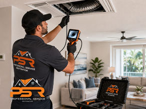 HVAC air duct cleaning technician inspecting air vent and ductwork with diagnostic tools inside Fort Lauderdale residence, clean professional service environment