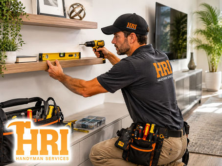 Handyman installation of floating shelving in modern residential living room, organized tools visible, clean and contemporary home interior