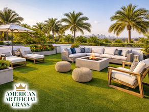 A rooftop terrace in Boca Raton covered with synthetic turf, stylish outdoor furniture, and views of palm trees or skyline