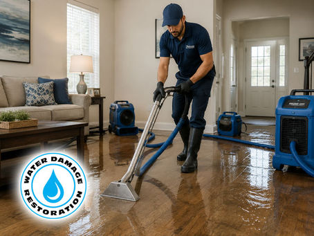 Water damage restoration technician extracting water from flooded living room in residential home, professional drying equipment visible, clean restoration environment