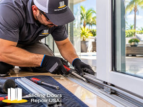 Close-up professional sliding door track repair, technician straightening and restoring damaged aluminum track with specialized tools, sliding glass door partially open, bright residential patio