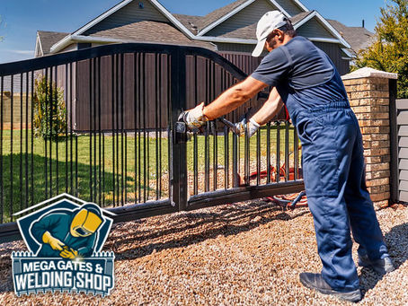 technician professional working performing installation of custom metal fabrication fence and gate at residential home